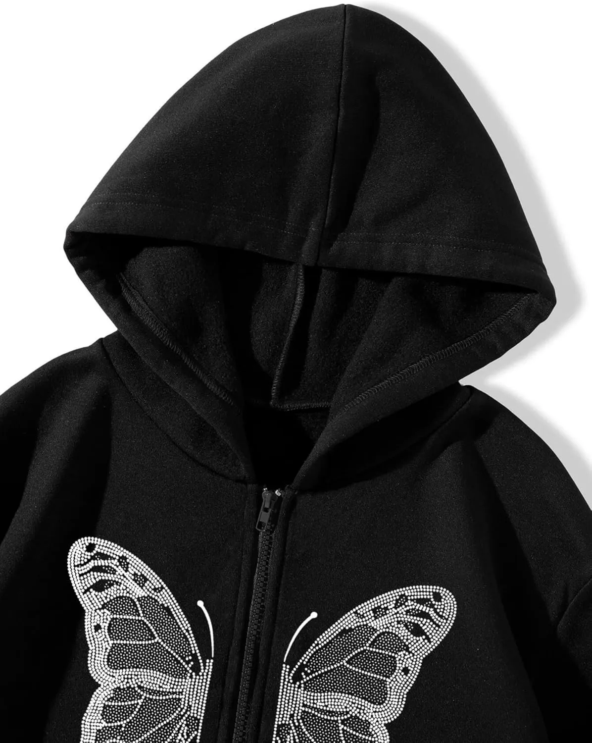 Aobiono Women Men Y2K Zip Up Oversized Hoodie Butterfly Skeleton Rhinestone Gothic Emo Grunge Alt Graphic Baggy Fleece Jacket