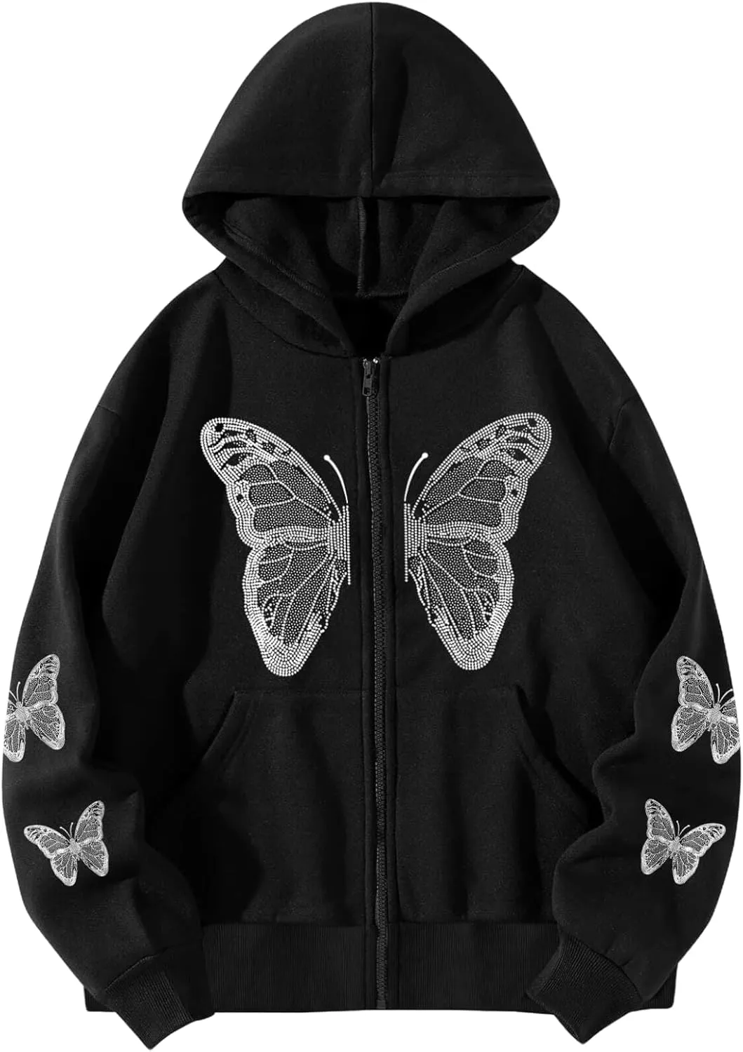 Aobiono Women Men Y2K Zip Up Oversized Hoodie Butterfly Skeleton Rhinestone Gothic Emo Grunge Alt Graphic Baggy Fleece Jacket