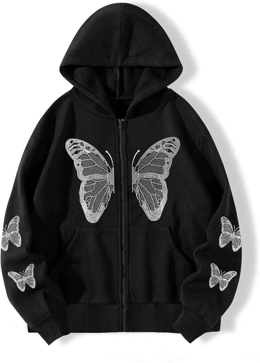 Aobiono Women Men Y2K Zip Up Oversized Hoodie Butterfly Skeleton Rhinestone Gothic Emo Grunge Alt Graphic Baggy Fleece Jacket
