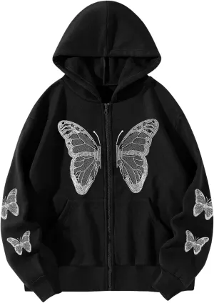 Aobiono Women Men Y2K Zip Up Oversized Hoodie Butterfly Skeleton Rhinestone Gothic Emo Grunge Alt Graphic Baggy Fleece Jacket