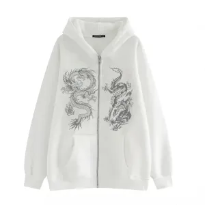 Aobiono Women Men Y2K Zip Up Oversized Hoodie Gothic Dragon Graphic Emo Grunge Alt Baggy Fleece Jacket 90s Punk Streetwear