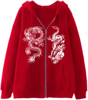 Aobiono Women Men Y2K Zip Up Oversized Hoodie Gothic Dragon Graphic Emo Grunge Alt Baggy Fleece Jacket 90s Punk Streetwear