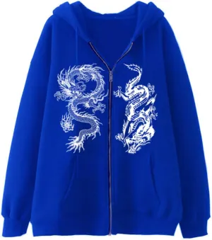 Aobiono Women Men Y2K Zip Up Oversized Hoodie Gothic Dragon Graphic Emo Grunge Alt Baggy Fleece Jacket 90s Punk Streetwear