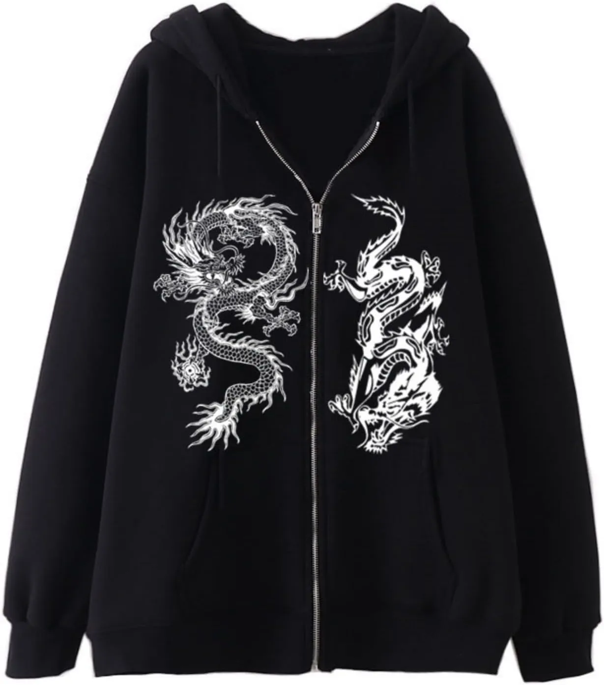 Aobiono Women Men Y2K Zip Up Oversized Hoodie Gothic Dragon Graphic Emo Grunge Alt Baggy Fleece Jacket 90s Punk Streetwear