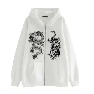 Aobiono Women Men Y2K Zip Up Oversized Hoodie Gothic Dragon Graphic Emo Grunge Alt Baggy Fleece Jacket 90s Punk Streetwear
