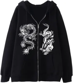 Aobiono Women Men Y2K Zip Up Oversized Hoodie Gothic Dragon Graphic Emo Grunge Alt Baggy Fleece Jacket 90s Punk Streetwear