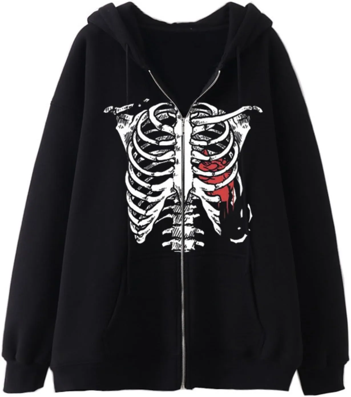 Aobiono Women Men Y2K Zip Up Oversized Hoodie Gothic Skeleton Ribs Graphic Emo Grunge Alt Big Baggy Fleece Jacket 90s Punk