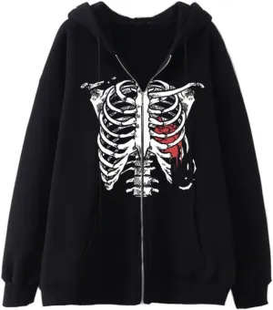 Aobiono Women Men Y2K Zip Up Oversized Hoodie Gothic Skeleton Ribs Graphic Emo Grunge Alt Big Baggy Fleece Jacket 90s Punk