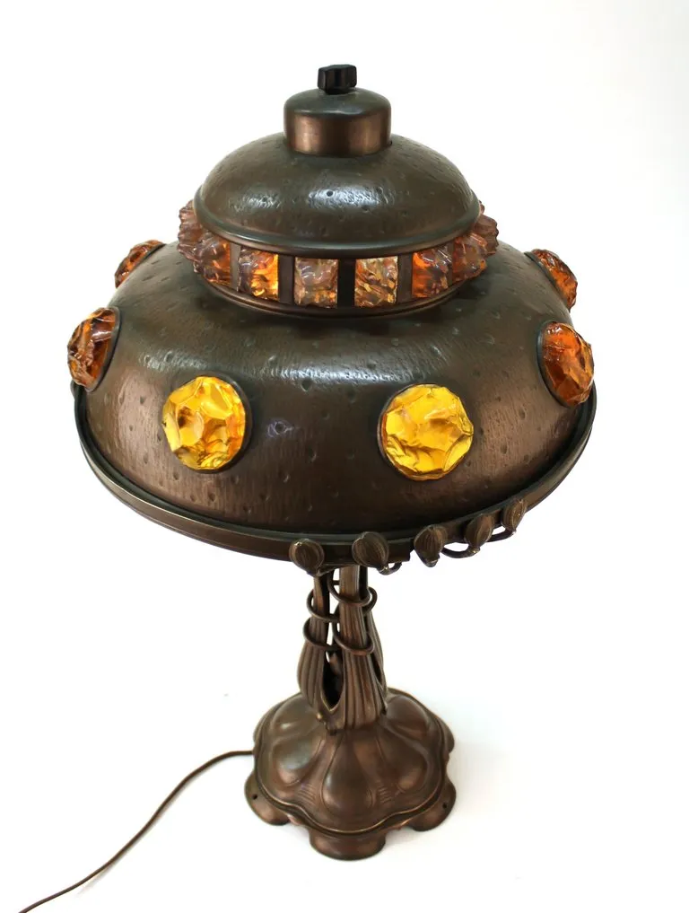 Austrian Art Nouveau Cast Bronze & Brass Table Lamp with Chunk Glass Jewels