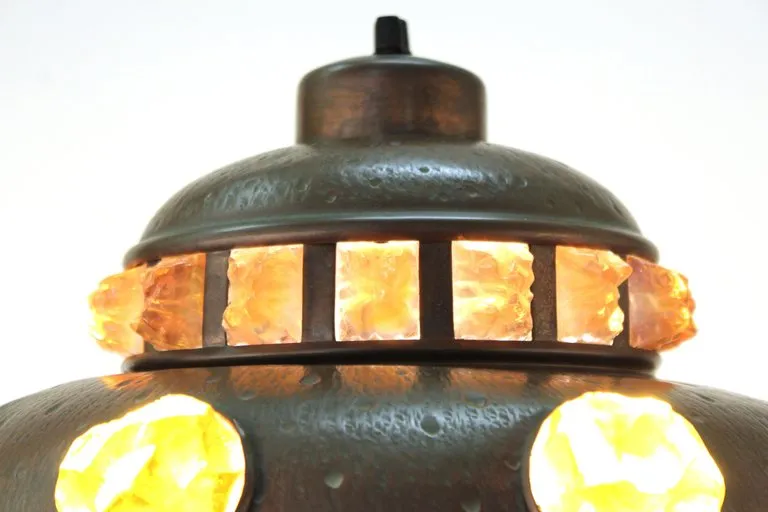 Austrian Art Nouveau Cast Bronze & Brass Table Lamp with Chunk Glass Jewels