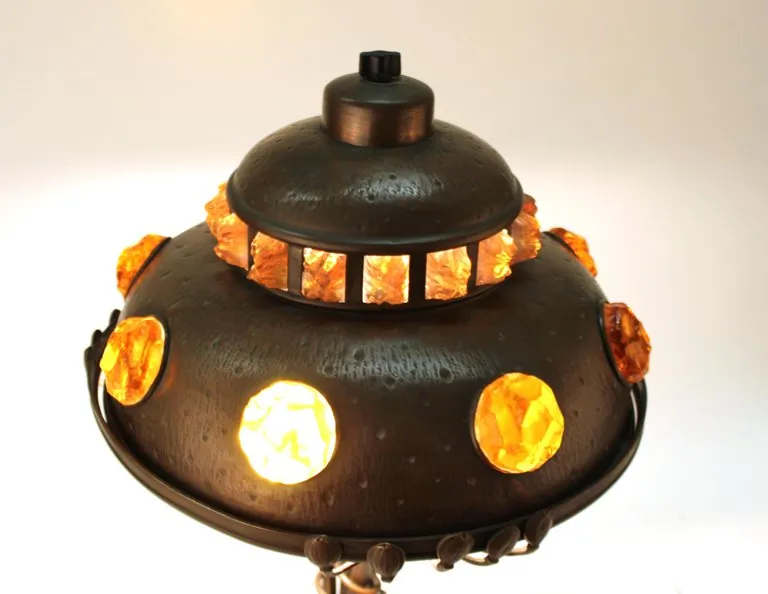 Austrian Art Nouveau Cast Bronze & Brass Table Lamp with Chunk Glass Jewels