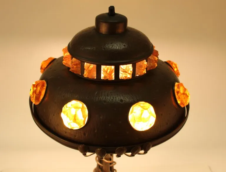 Austrian Art Nouveau Cast Bronze & Brass Table Lamp with Chunk Glass Jewels