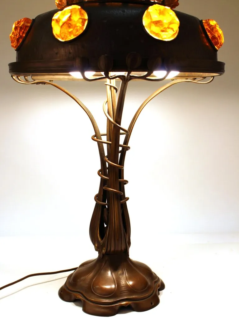 Austrian Art Nouveau Cast Bronze & Brass Table Lamp with Chunk Glass Jewels