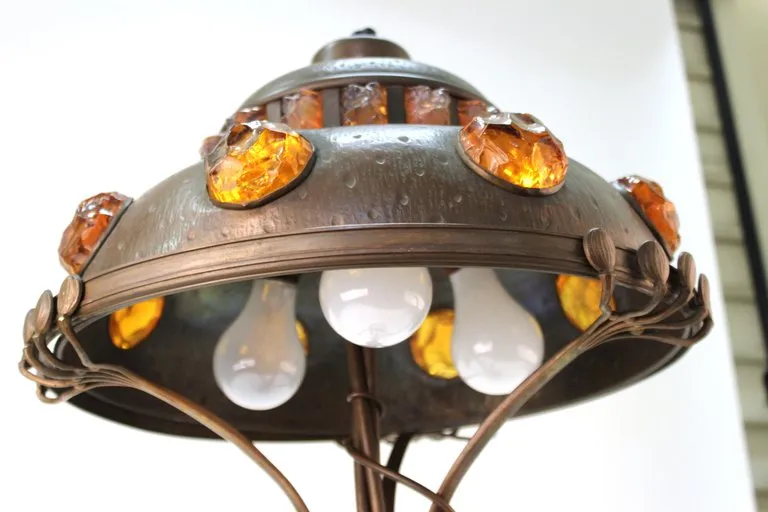 Austrian Art Nouveau Cast Bronze & Brass Table Lamp with Chunk Glass Jewels
