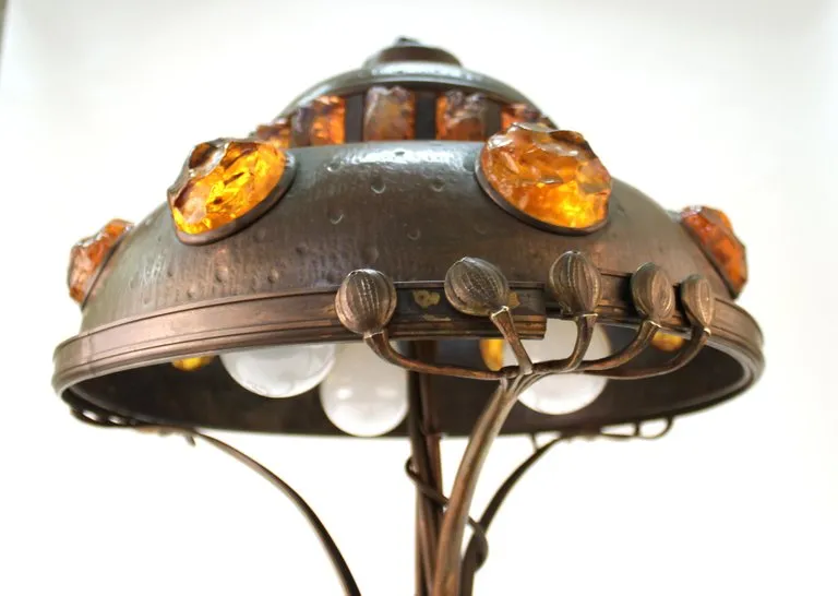 Austrian Art Nouveau Cast Bronze & Brass Table Lamp with Chunk Glass Jewels