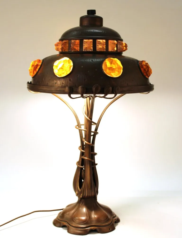 Austrian Art Nouveau Cast Bronze & Brass Table Lamp with Chunk Glass Jewels
