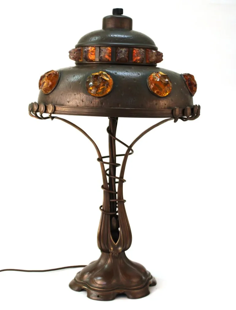 Austrian Art Nouveau Cast Bronze & Brass Table Lamp with Chunk Glass Jewels