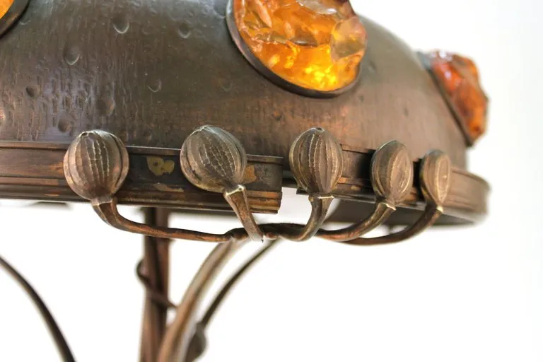 Austrian Art Nouveau Cast Bronze & Brass Table Lamp with Chunk Glass Jewels