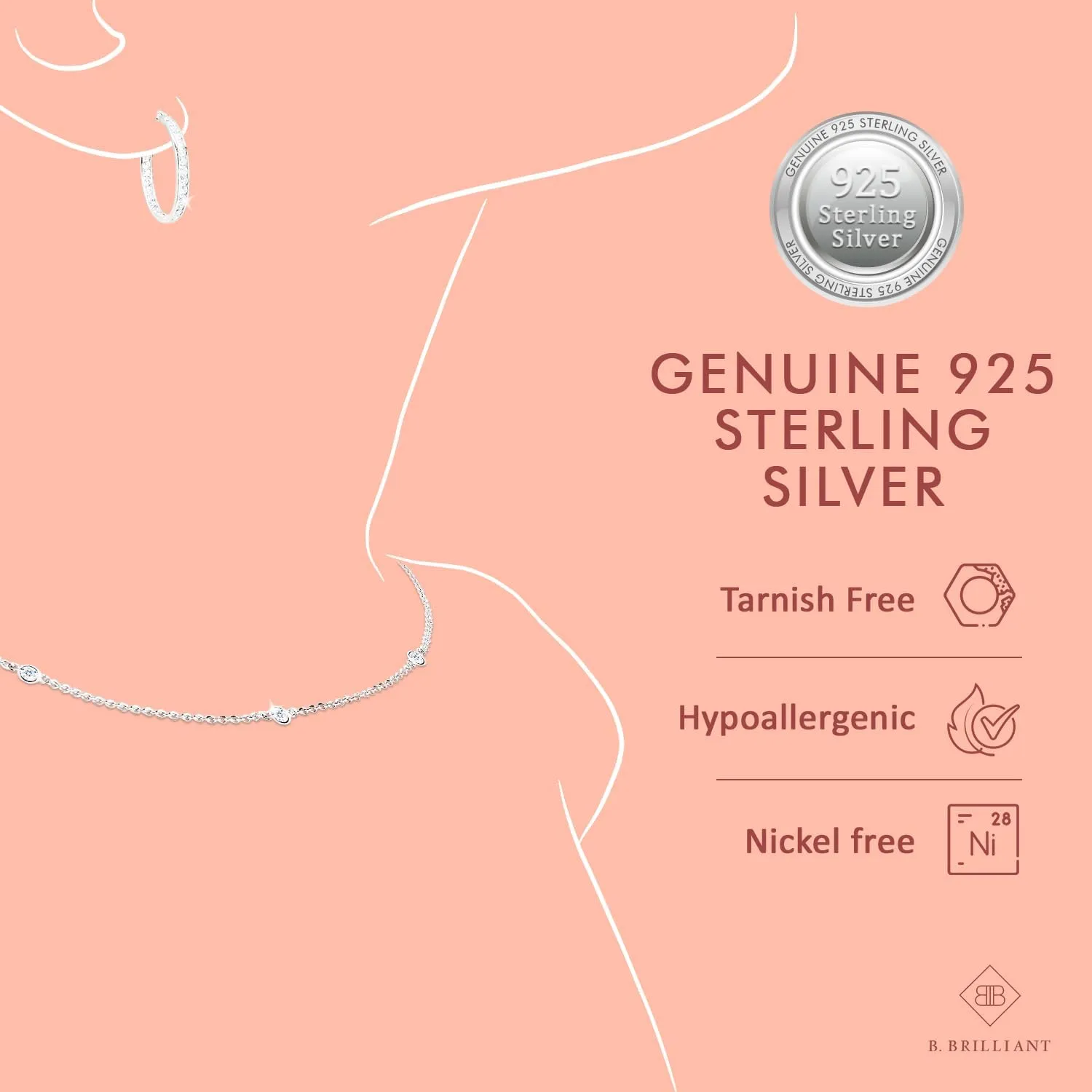 B. BRILLIANT Key Necklace for Women Men, Layered Necklace, Short Minimalist Dainty Choker Charm Chain Necklace Sterling Silver, Gold or Rose Gold