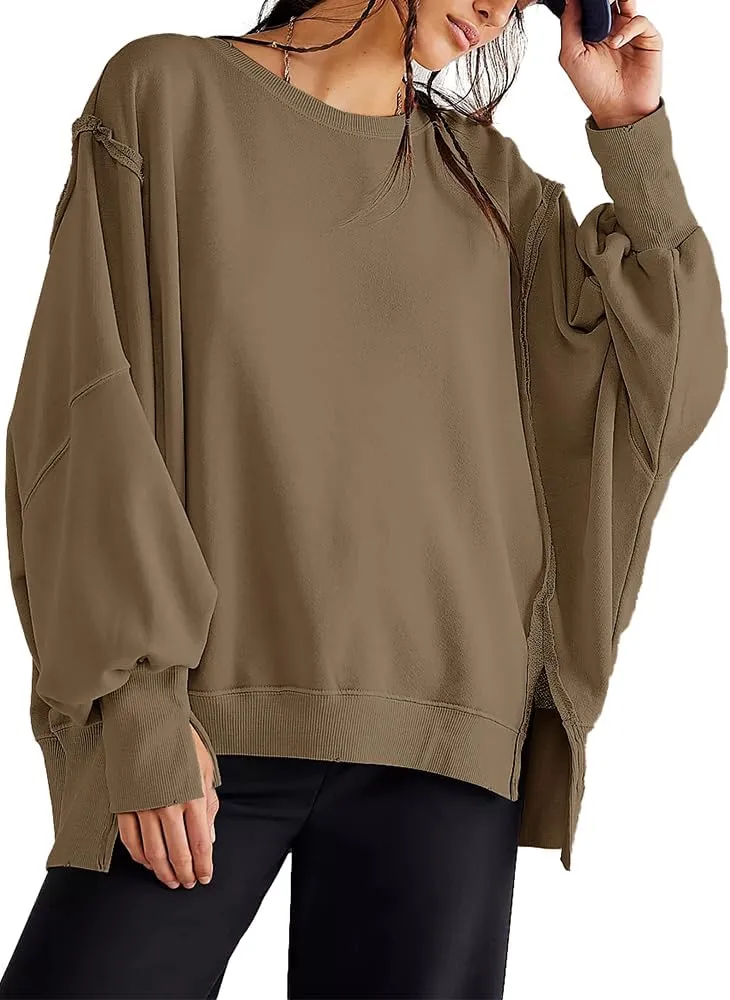Beaully Women's Oversized Sweatshirts Crew Neck Long Sleeve Side Slit Pullovers Sweatshirt Casual Fall Clothes Sweater