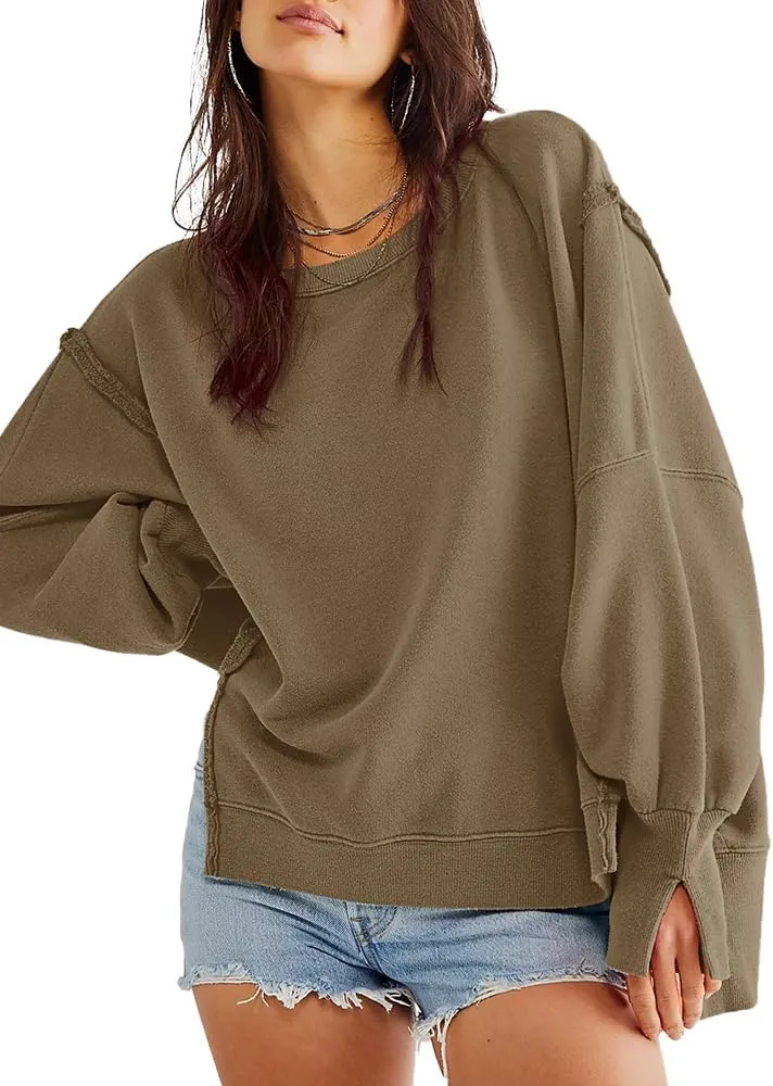 Beaully Women's Oversized Sweatshirts Crew Neck Long Sleeve Side Slit Pullovers Sweatshirt Casual Fall Clothes Sweater