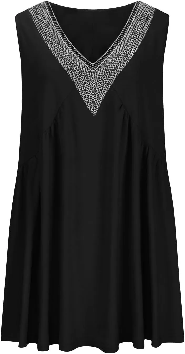 Binmer Women Summer Dresses 2024 Sleeveless Lace Crochet V Neck Sundress Casual Loose Pleated Flowy Swing Babydoll Mini Dress