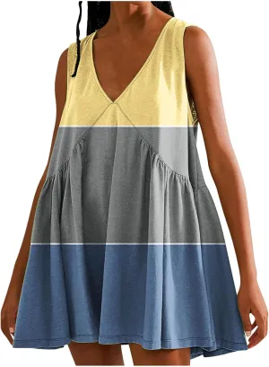 Binmer Women Summer Dresses 2024 Sleeveless Lace Crochet V Neck Sundress Casual Loose Pleated Flowy Swing Babydoll Mini Dress