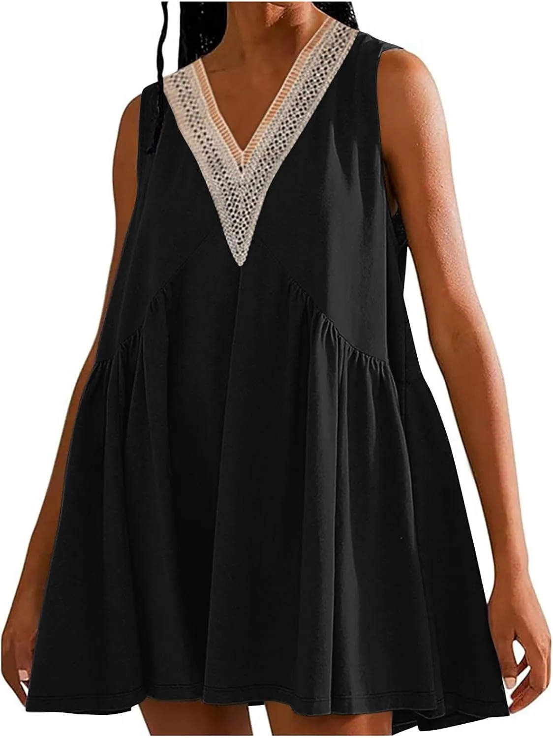 Binmer Women Summer Dresses 2024 Sleeveless Lace Crochet V Neck Sundress Casual Loose Pleated Flowy Swing Babydoll Mini Dress