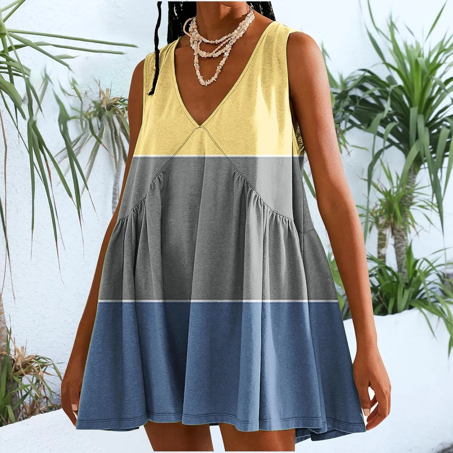 Binmer Women Summer Dresses 2024 Sleeveless Lace Crochet V Neck Sundress Casual Loose Pleated Flowy Swing Babydoll Mini Dress