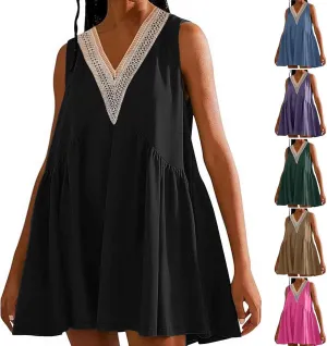 Binmer Women Summer Dresses 2024 Sleeveless Lace Crochet V Neck Sundress Casual Loose Pleated Flowy Swing Babydoll Mini Dress
