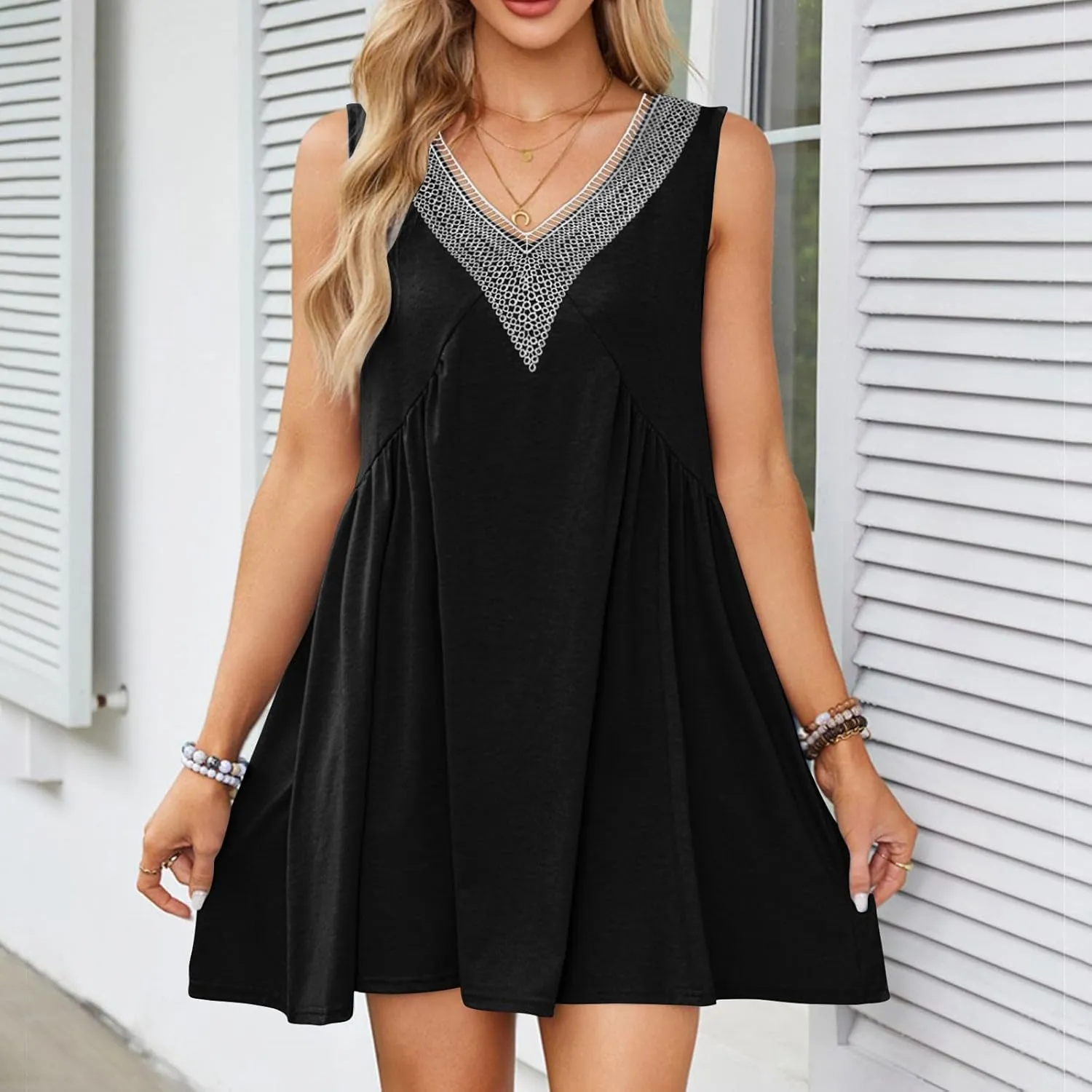 Binmer Women Summer Dresses 2024 Sleeveless Lace Crochet V Neck Sundress Casual Loose Pleated Flowy Swing Babydoll Mini Dress