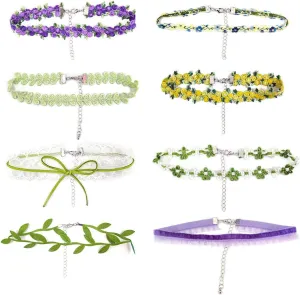 Blue Drop Lace Choker Necklaces Set Green Choker Necklace For Women Flower Chokers Daisy Choker Necklace Fairy Flower Choker Collars Jewelry Gifts 8Pcs