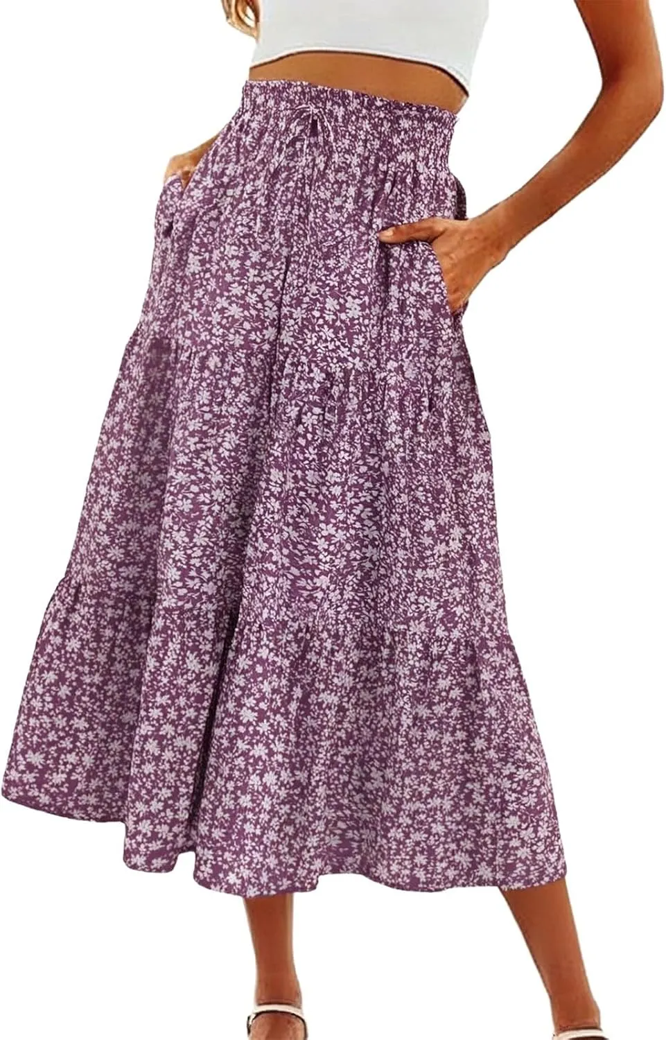 Boho Floral Maxi Skirt for Women 2025 Summer Elastic High Waist A Line Long Skirts Flowy Tiered Skirt with Pockets