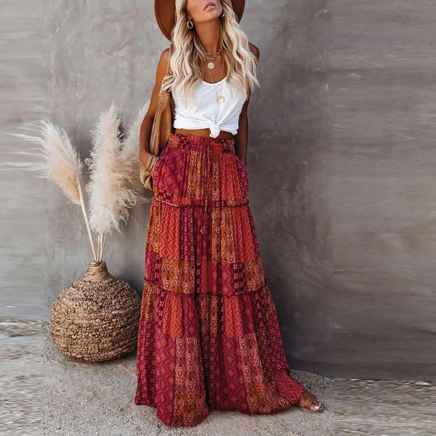 Boho Skirt for Women High Waist A Line Flowy Tiered Skirts Summer Floral Pleated Ruffle Long Maxi Skirt with Pockets