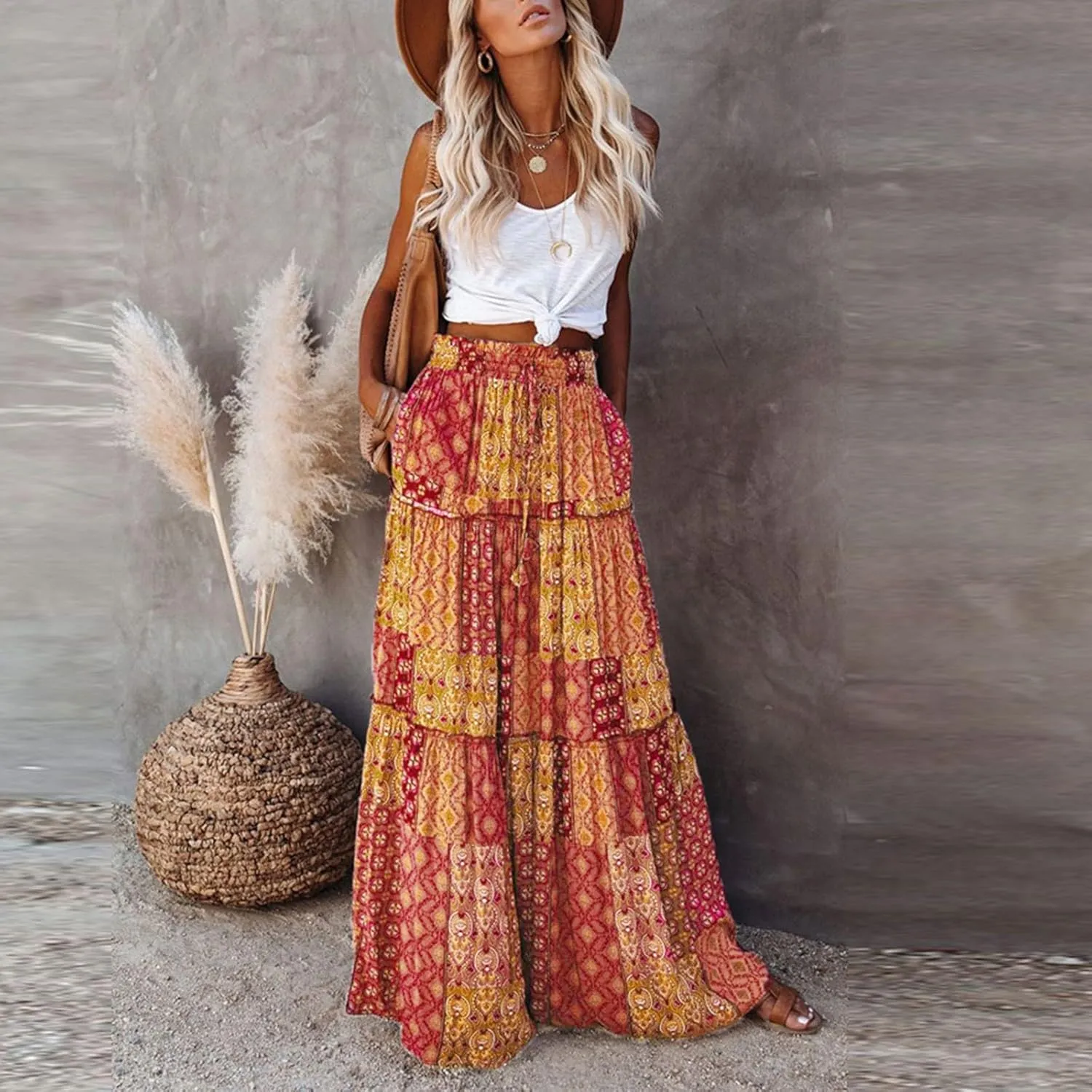 Boho Skirt for Women High Waist A Line Flowy Tiered Skirts Summer Floral Pleated Ruffle Long Maxi Skirt with Pockets