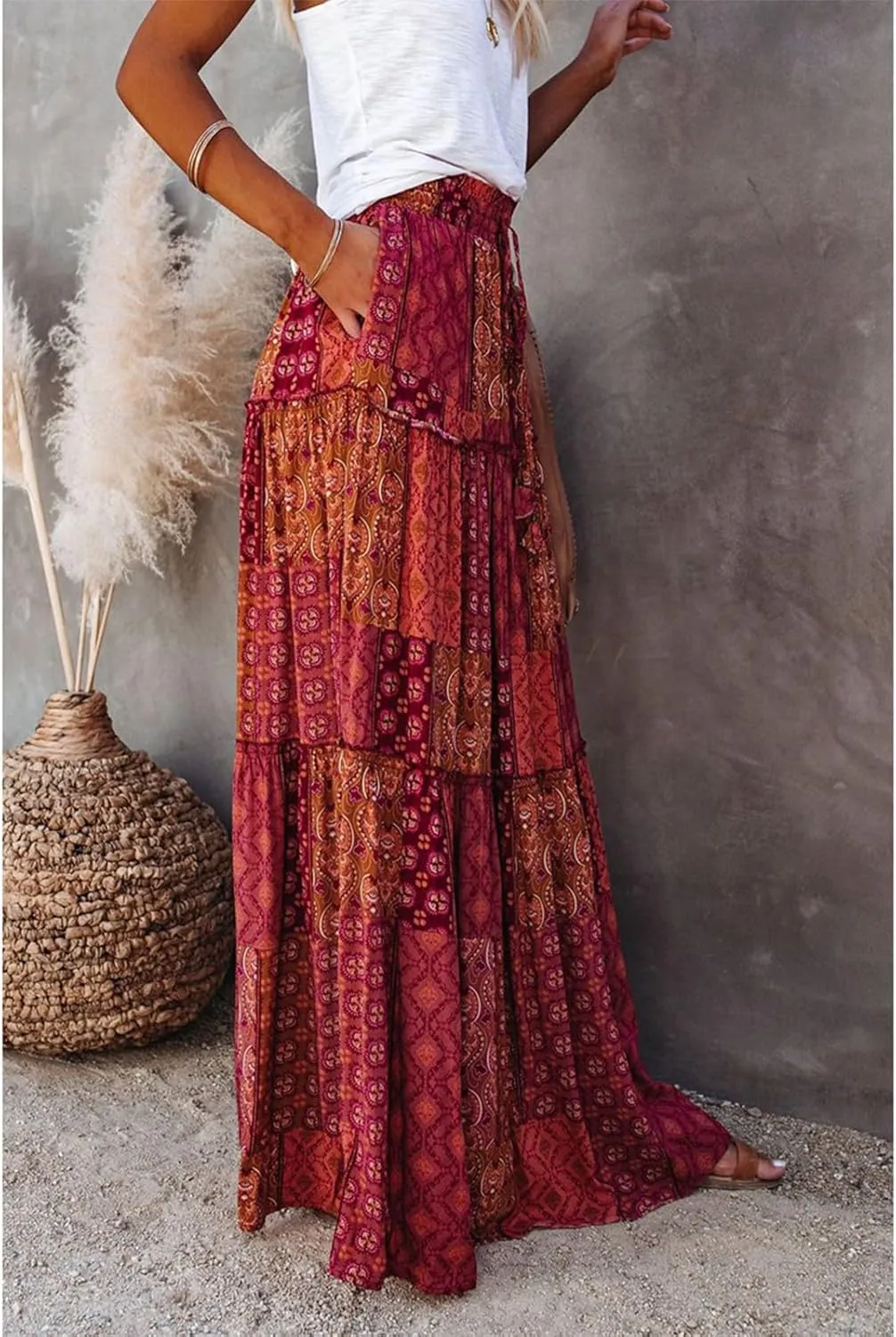 Boho Skirt for Women High Waist A Line Flowy Tiered Skirts Summer Floral Pleated Ruffle Long Maxi Skirt with Pockets