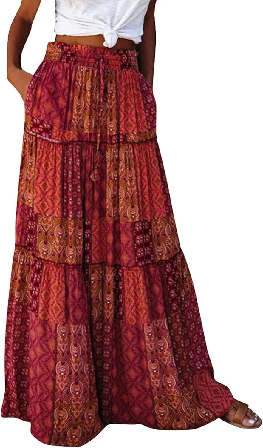 Boho Skirt for Women High Waist A Line Flowy Tiered Skirts Summer Floral Pleated Ruffle Long Maxi Skirt with Pockets