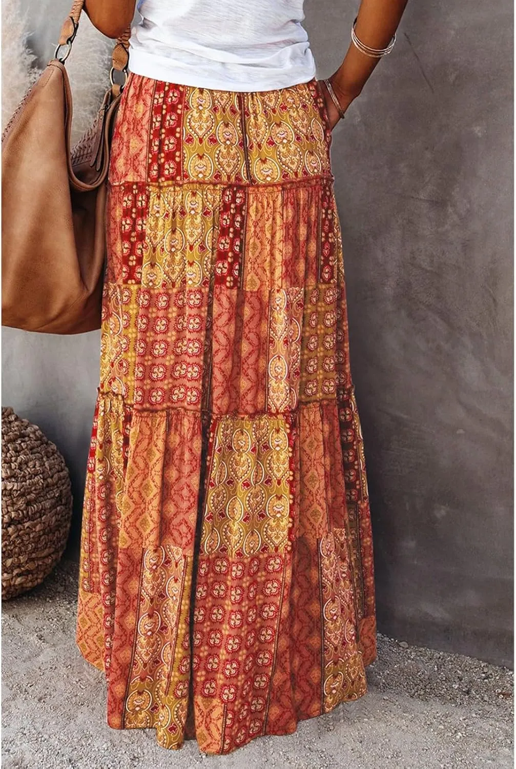 Boho Skirt for Women High Waist A Line Flowy Tiered Skirts Summer Floral Pleated Ruffle Long Maxi Skirt with Pockets