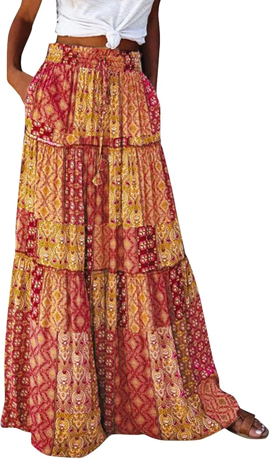 Boho Skirt for Women High Waist A Line Flowy Tiered Skirts Summer Floral Pleated Ruffle Long Maxi Skirt with Pockets