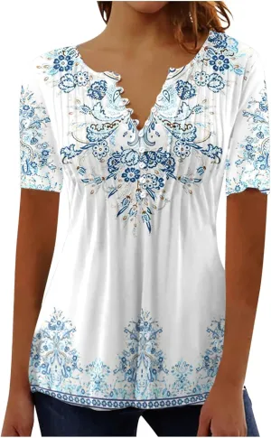 Boho Tops for Women Summer Casual Bohemian Floral Print Short Sleeve Empire Waist Button Down Shirts Elegant Blouses