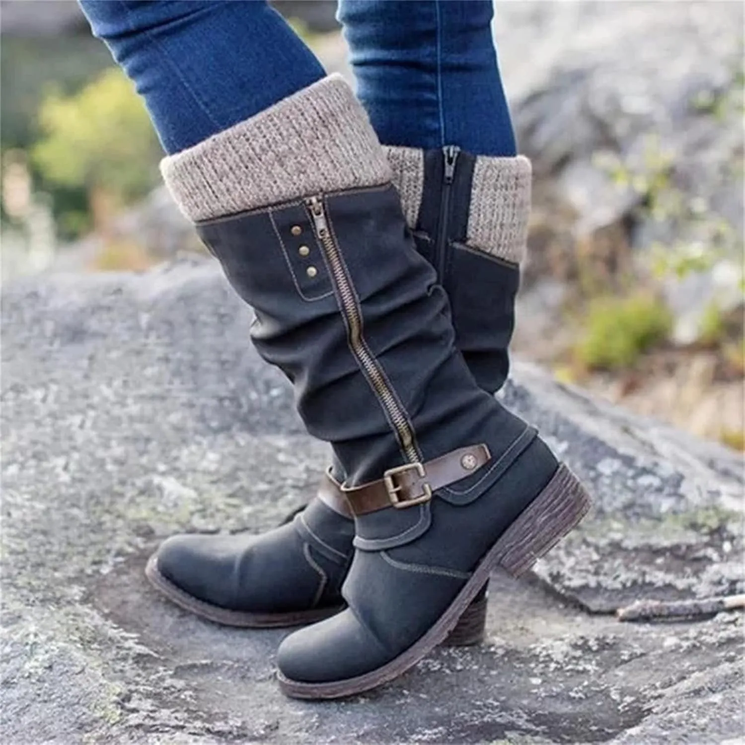 Boots For Women Knee High Wide Calf Mid Calf Combat Boots with Low Heel Square Toe Biker Motorcycle Riding Dress Boots