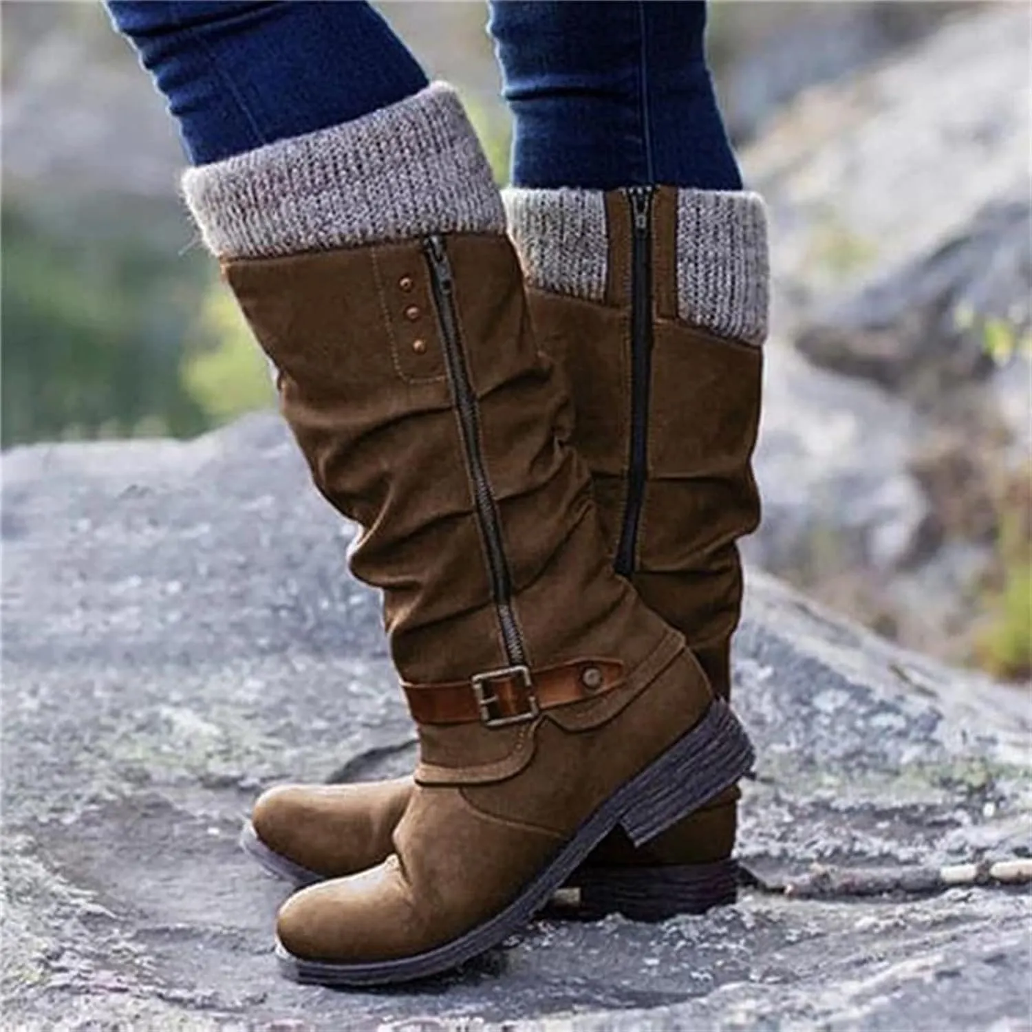 Boots For Women Knee High Wide Calf Mid Calf Combat Boots with Low Heel Square Toe Biker Motorcycle Riding Dress Boots