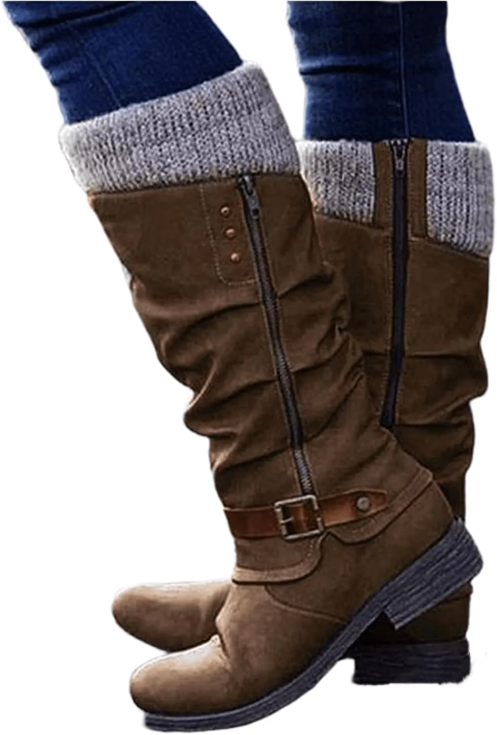 Boots For Women Knee High Wide Calf Mid Calf Combat Boots with Low Heel Square Toe Biker Motorcycle Riding Dress Boots