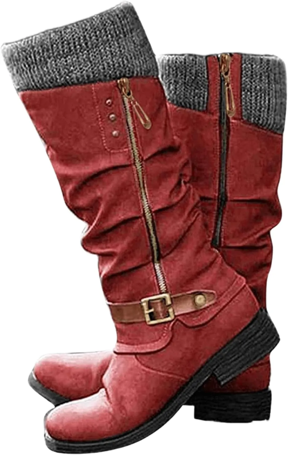 Boots For Women Knee High Wide Calf Mid Calf Combat Boots with Low Heel Square Toe Biker Motorcycle Riding Dress Boots