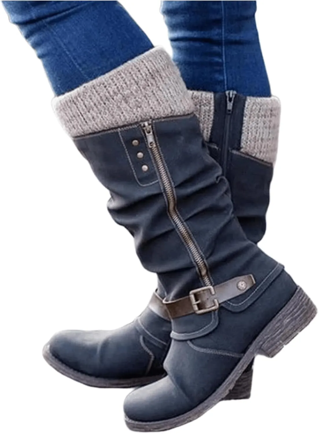 Boots For Women Knee High Wide Calf Mid Calf Combat Boots with Low Heel Square Toe Biker Motorcycle Riding Dress Boots