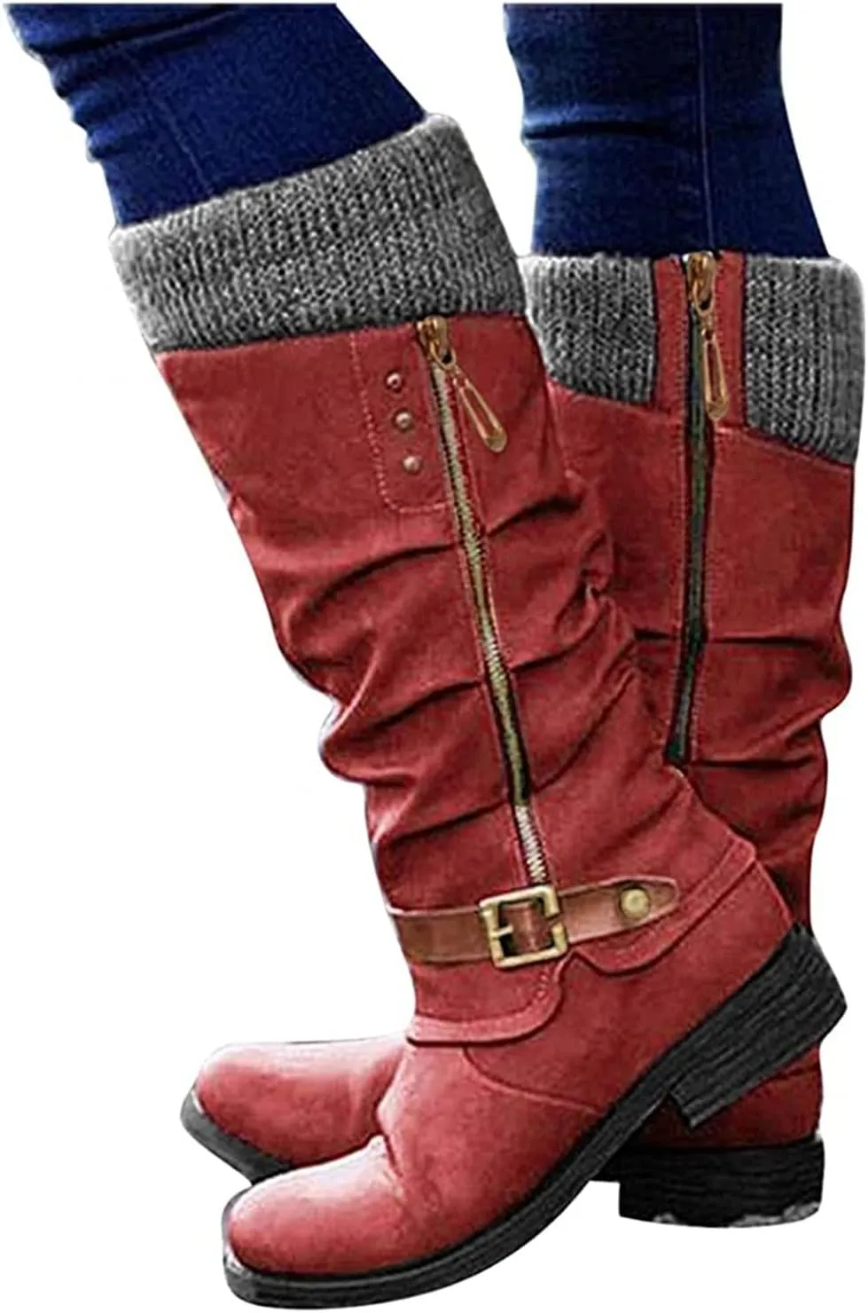 Boots For Women Knee High Wide Calf Mid Calf Combat Boots with Low Heel Square Toe Biker Motorcycle Riding Dress Boots