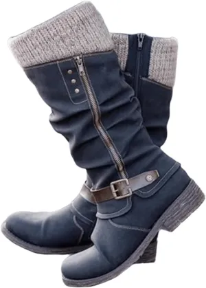 Boots For Women Knee High Wide Calf Mid Calf Combat Boots with Low Heel Square Toe Biker Motorcycle Riding Dress Boots