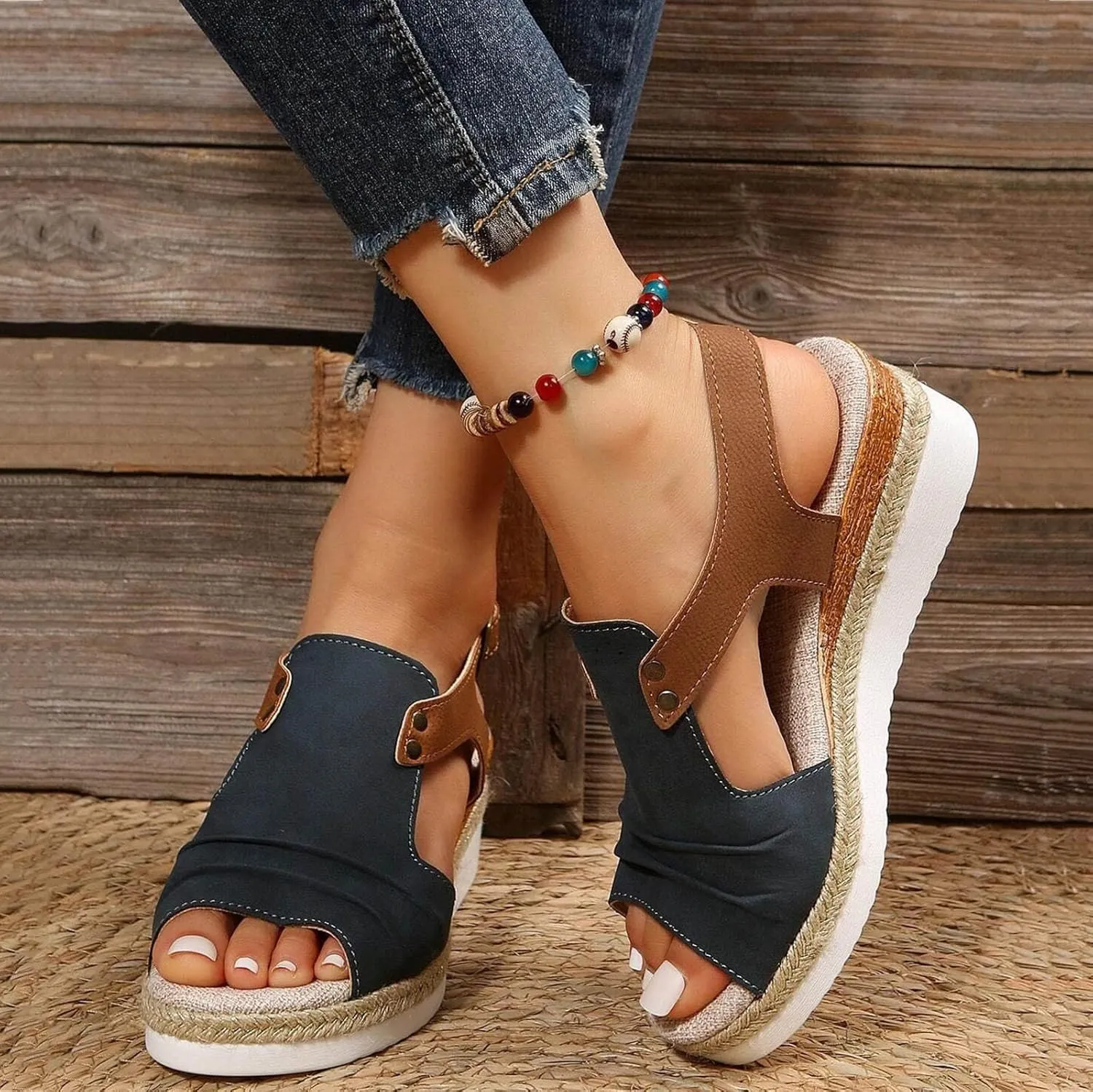 Cathalem Orthopedic Platform Wedge Sandals for Women Summer Dressy Flat Open Toe Slip on Sandals Outdoor Shoes