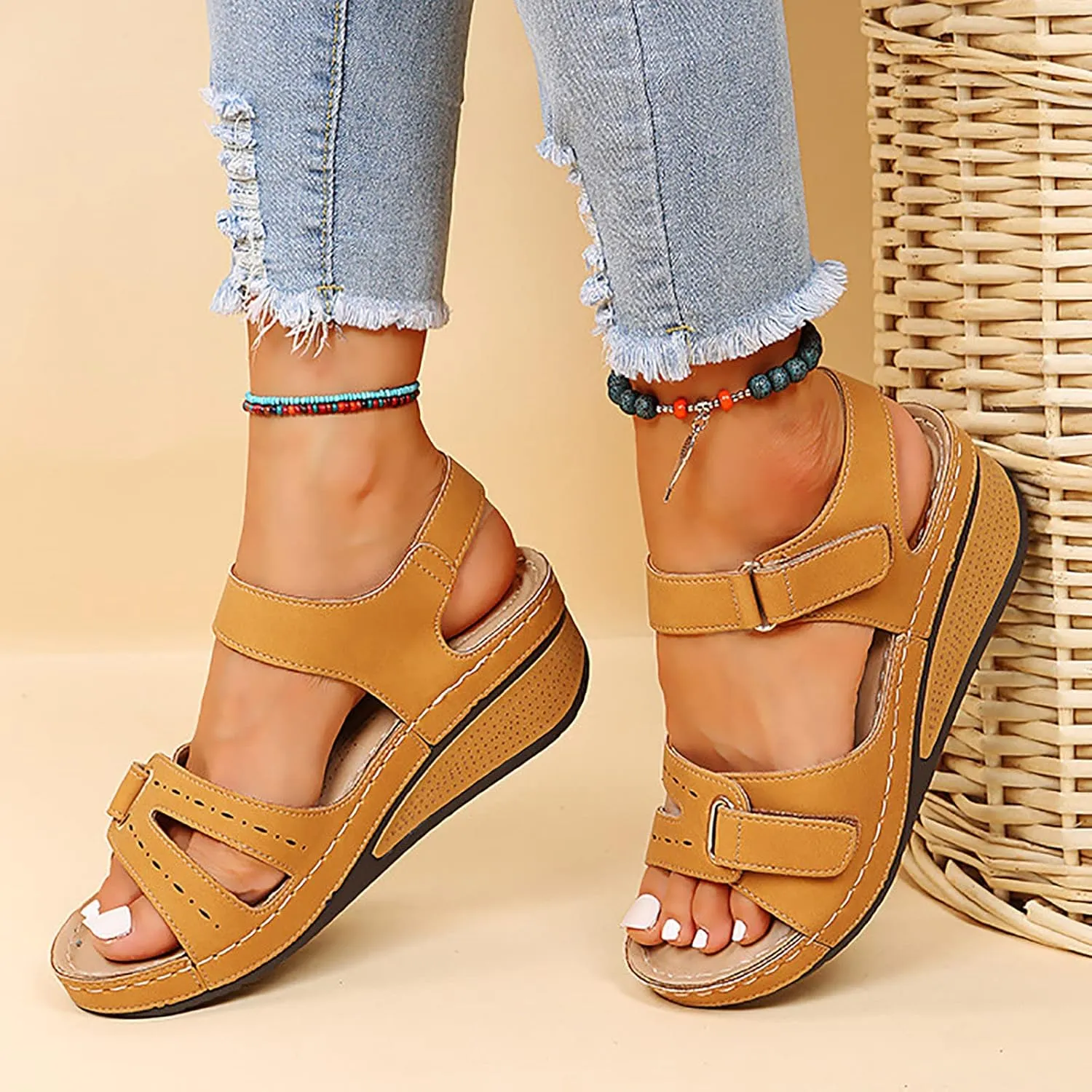 Cathalem Orthopedic Wedge Sandals for Women Open Toe Ankle Strap Platform Casual Wedges Summer Beach Dress Shoes Comfortable Outdoor