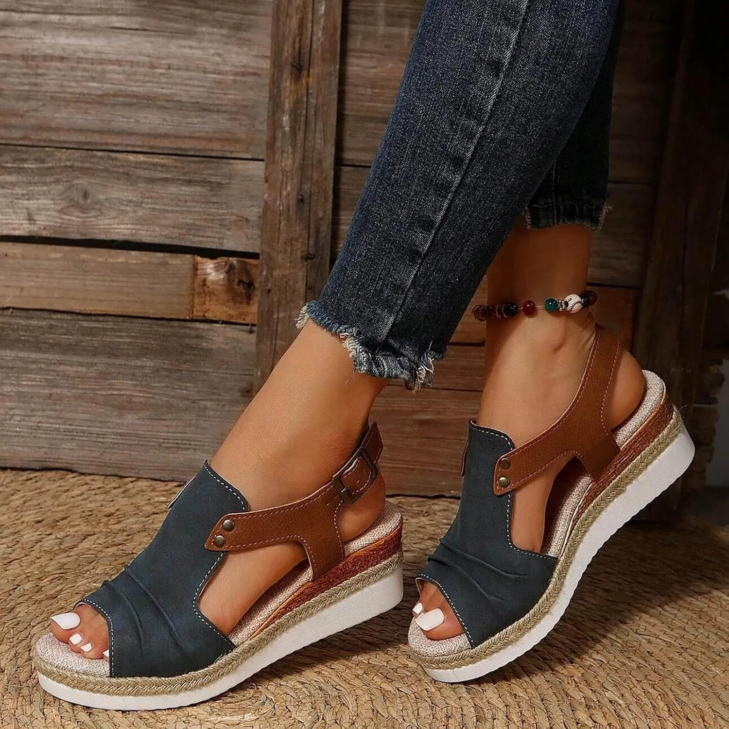 Cathalem Wedge Sandals for Women Open Toe Ankle Strap Wedge Heels Sandals Orthopedic Sandals Casual